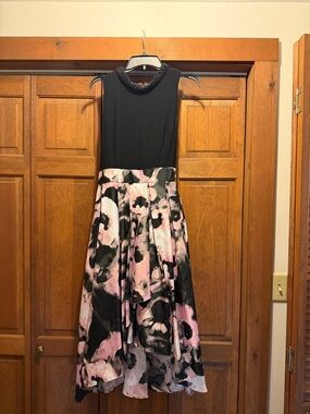 SLNY Black Bodice Pink & Black Floral High-Low Dress